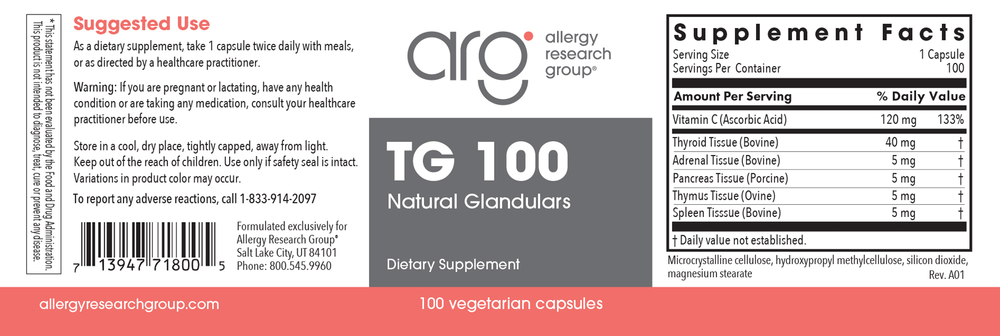 TG (Thyroid Gland) 100 - Whole Thyroid Glandular Hormone & Energy Support