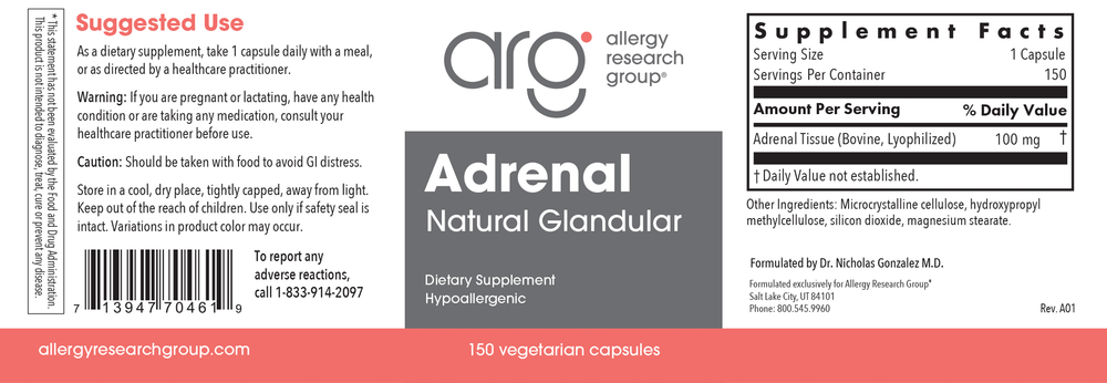 Adrenal 100 mg 150 vcaps - Adrenal Glandular Support for Fatigue, Stress & Hormonal Balance