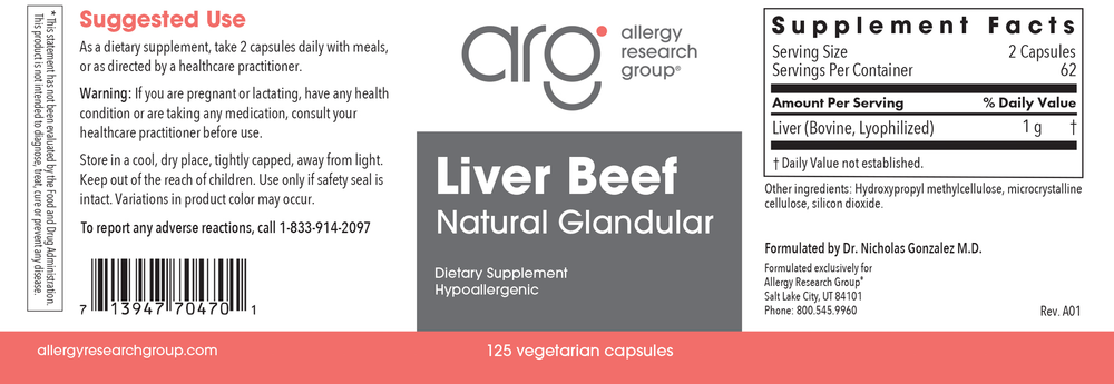 Liver Beef 1000mg 125 vcaps - Liver Glandular for Detoxification & Healthy Bile Flow
