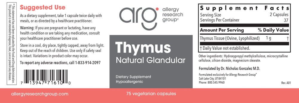 Thymus 1000mg 75 Vcaps - Immune-System Glandular for Thymus Support