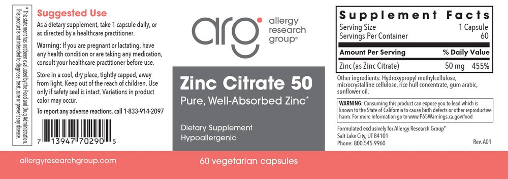 Zinc Citrate 50 mg 60 caps | Essential Mineral for Enzyme Function & Energy Metabolism